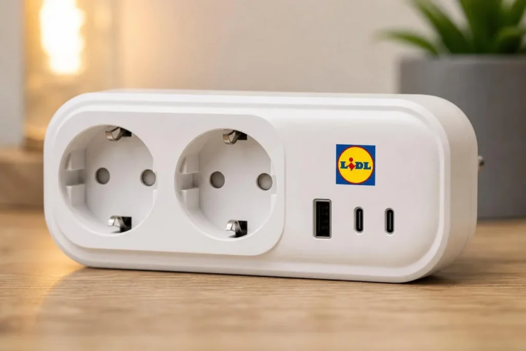 Primo piano dell'adattatore multipresa di Lidl con porte USB e prese elettriche