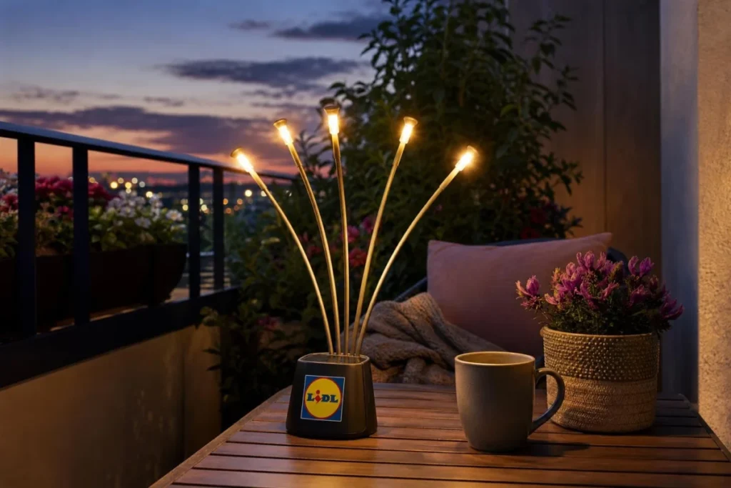 Lampada solare Livarno di Lidl accesa su un balcone al tramonto