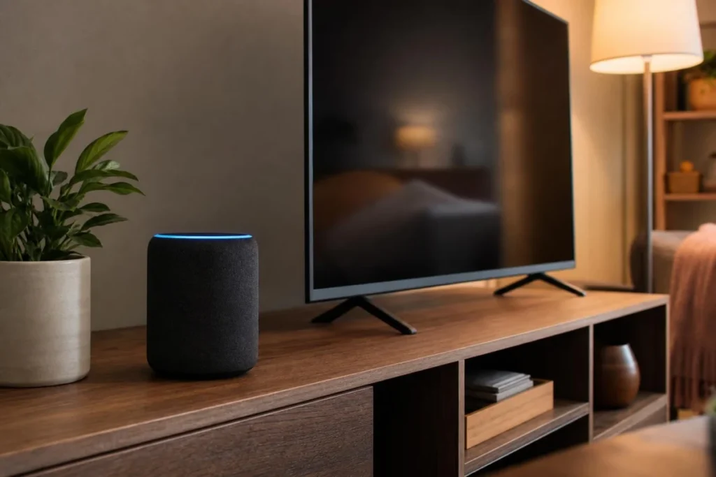 Speaker HomePod mini accanto a televisore Apple TV in ambiente domestico
