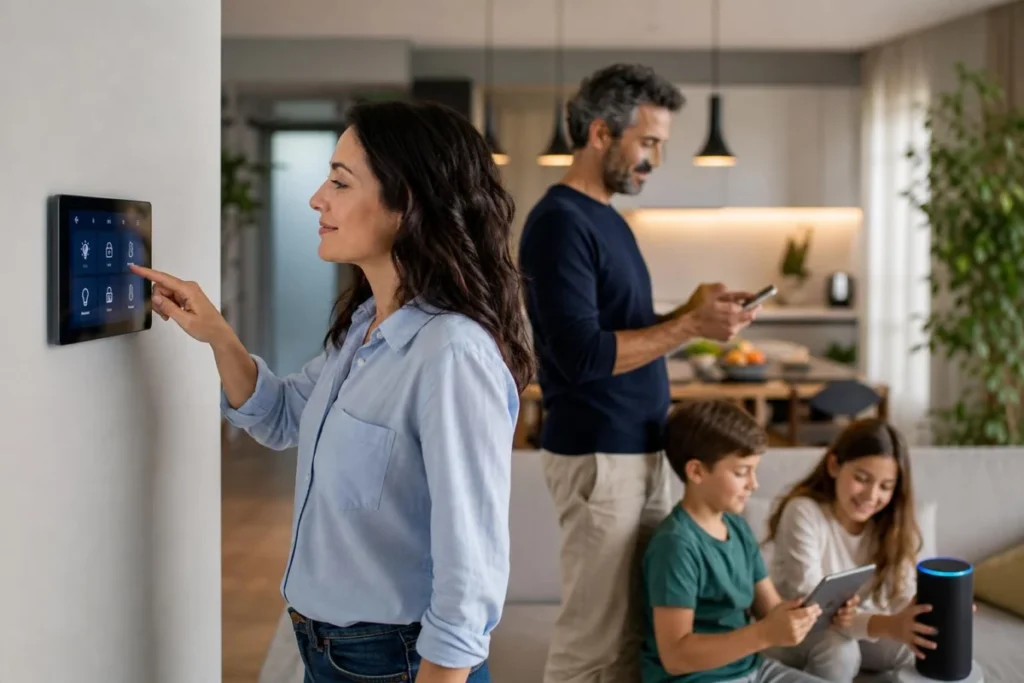 Famiglia italiana che utilizza dispositivi smart home con pannello di controllo digitale