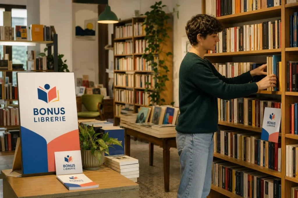 Interno di una libreria indipendente con scaffali di libri e giovane che sistema volumi