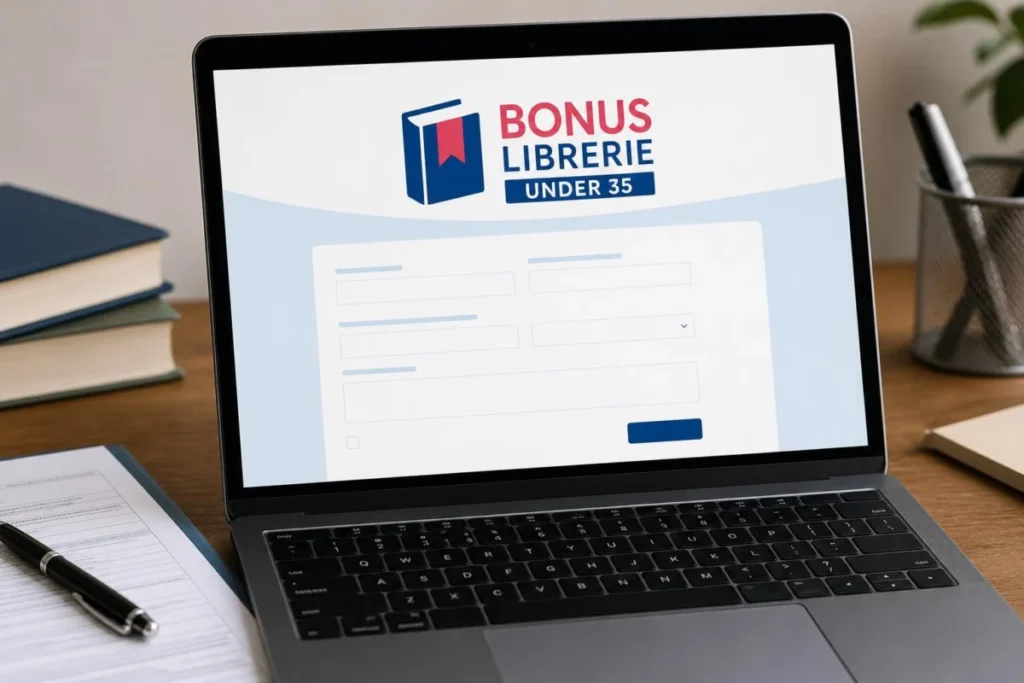 Schermo di computer con modulo online per domanda Bonus Librerie under 35, documenti e penna accanto