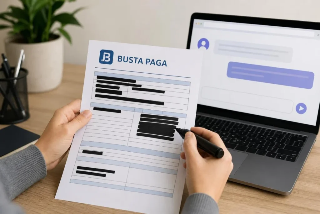 Persona che oscura dati personali su una busta paga cartacea prima di caricarla su chatbot AI