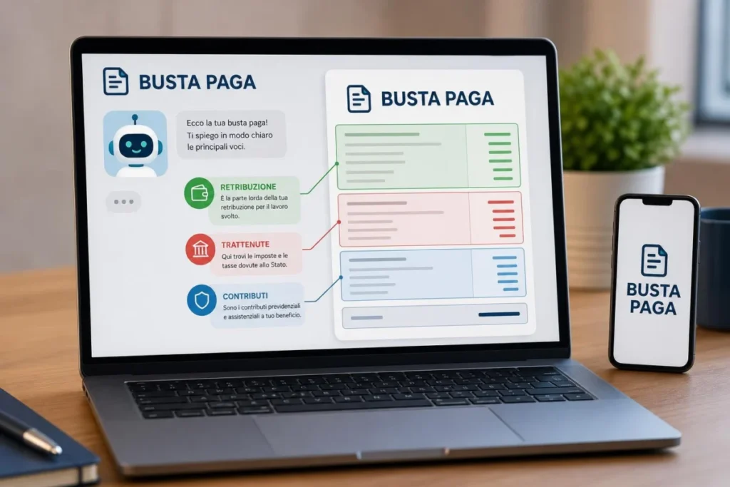 Schermata di chatbot che spiega le voci di una busta paga BUSTA PAGA con evidenziazioni di salari, tasse e contributi