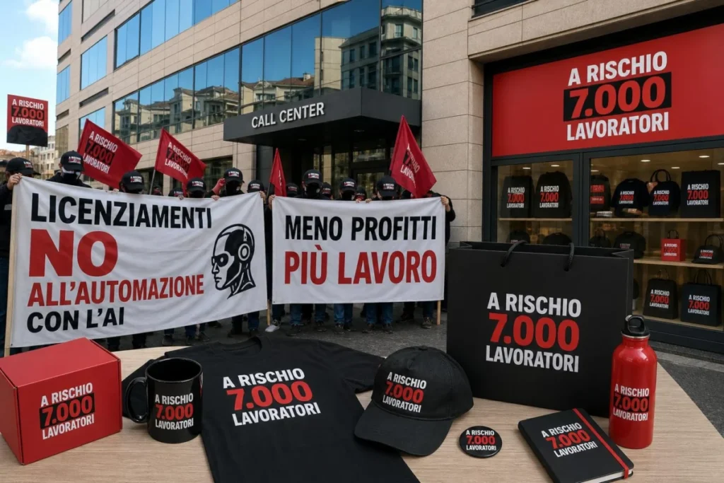 Manifestazione di sindacati davanti a un edificio di call center a Palermo con striscioni contro i tagli
