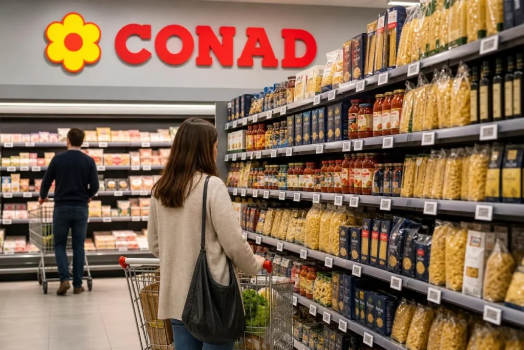 Interno di un punto vendita Conad con scaffali forniti di prodotti alimentari italiani e etichette digitali