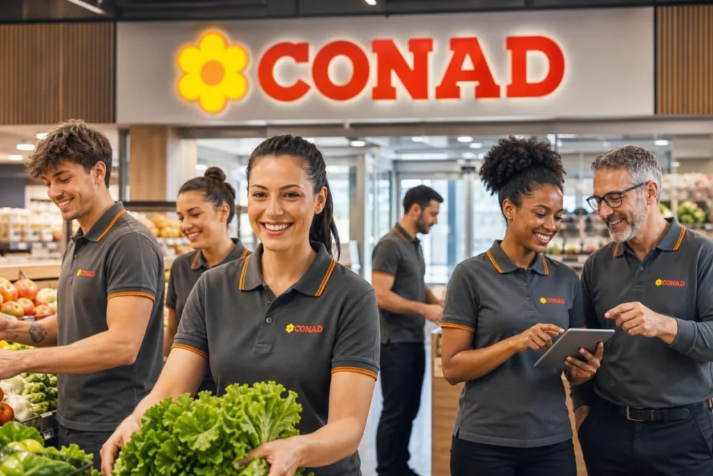 Dipendenti Conad in uniforme sorridenti all'interno di un negozio rinnovato, che lavorano in squadra
