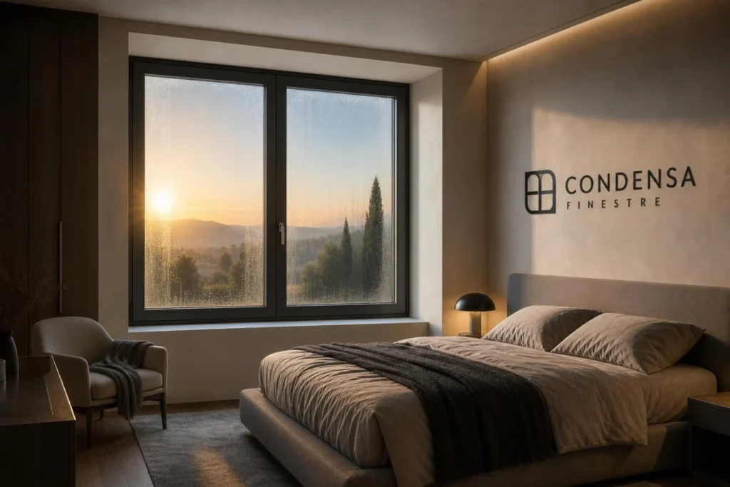 Camera da letto italiana con finestra CONDENSA FINESTRE e condensa mattutina sul vetro