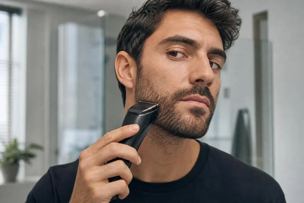 Uomo che si rade con regolabarba elettrico in bagno moderno
