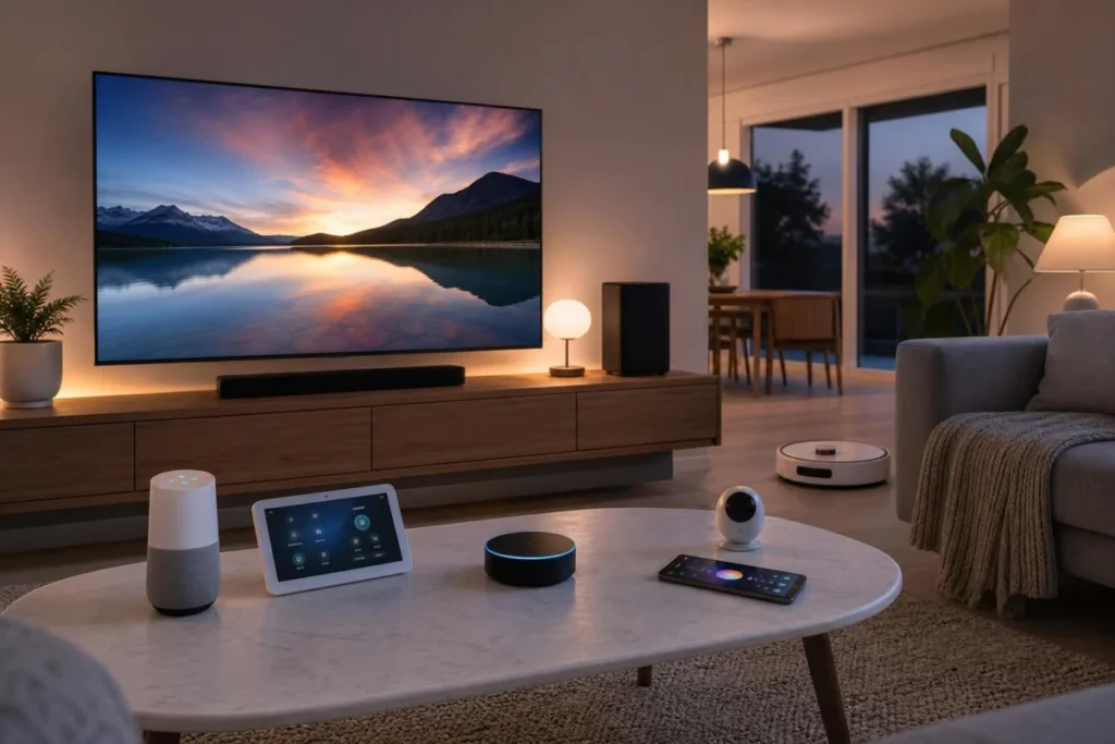 Smart TV e dispositivi smart home in un salotto accogliente