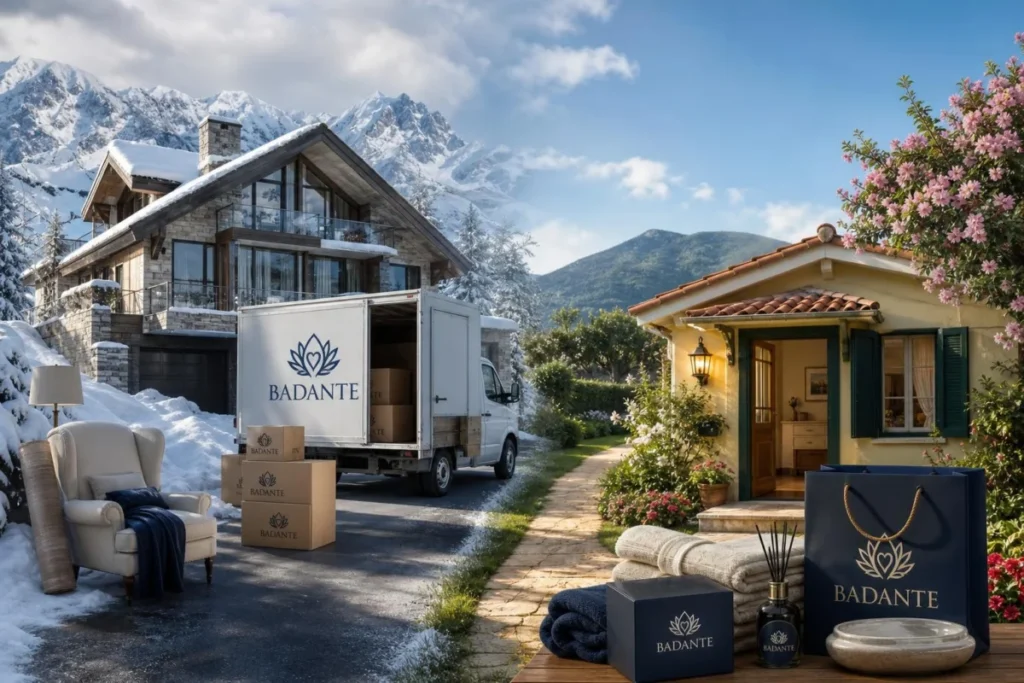 Confronto tra una grande casa invernale con neve e una casa più piccola in clima mite