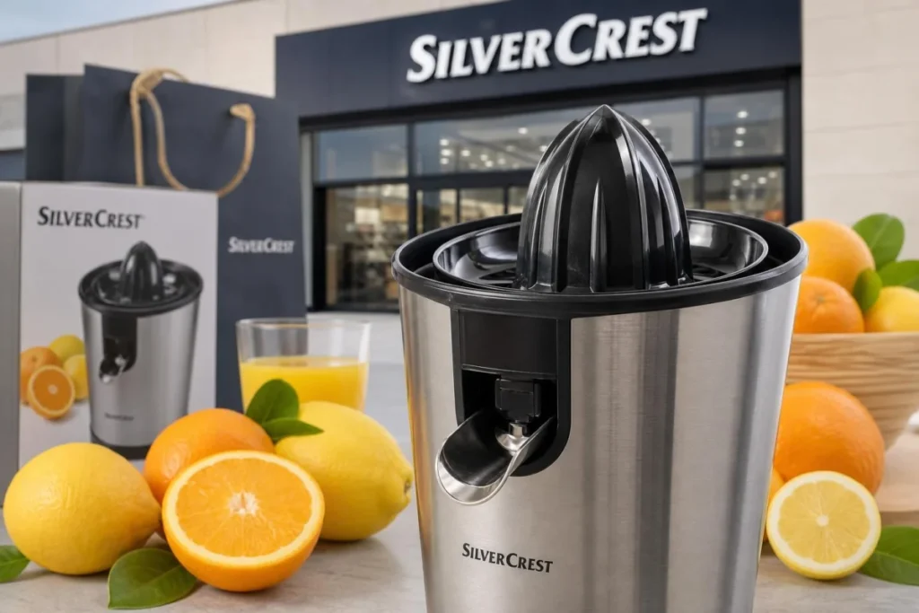Primo piano del cono 2 in 1 e del beccuccio in acciaio inox dello spremiagrumi con limoni e arance colorate