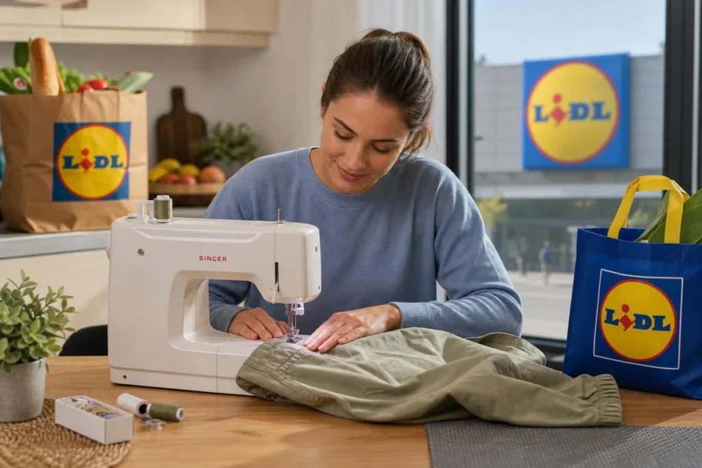 Persona che utilizza la macchina da cucire Singer per riparare un pantalone leggero