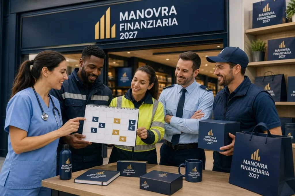 Operatori di diversi settori in uniforme discutono turni di lavoro notturno e festivo