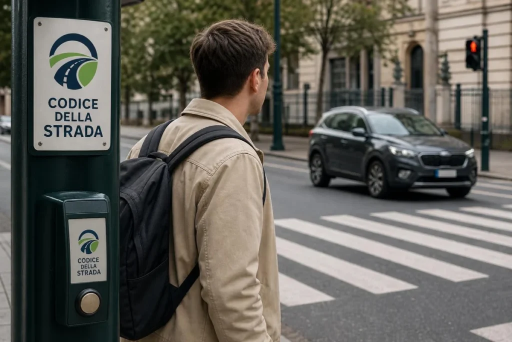 Dettaglio di un pedone che controlla il traffico prima di attraversare, con segnaletica Codice della Strada