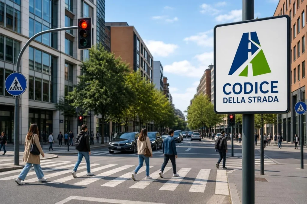 Scena urbana con pedoni che attraversano in corrispondenza delle strisce, segnaletica Codice della Strada visibile