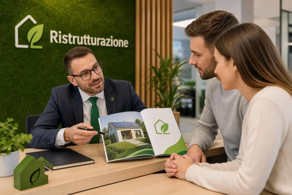 Consulente bancario spiega opzioni di mutuo verde a coppia in filiale con marchio Ristrutturazione