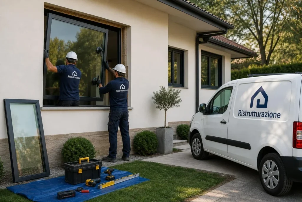 Operai installano finestre ad alta efficienza energetica in edificio residenziale con furgone Ristrutturazione in cantiere