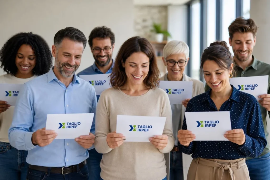 Lavoratori della classe media che esaminano le buste paga con logo TAGLIO IRPEF