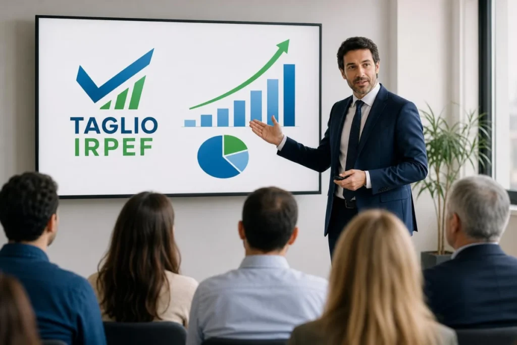 Esperto fiscale che spiega riforma Irpef con presentazione TAGLIO IRPEF