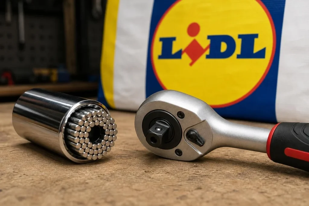Dettaglio del bussolotto universale Parkside con chiave a cricchetto e confezione Lidl