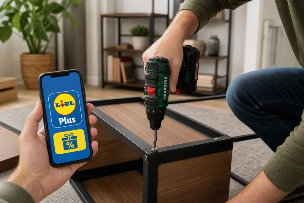 Persona che usa il set Parkside per montare un mobile con app Lidl Plus aperta sullo smartphone